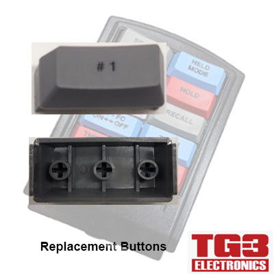 Close-up of a black TG3 Bump Bar Key Cap labeled #1 with three attachment points, set against a colored keypad backdrop. Text: Replacement Bump Bar Buttons, featuring the PCPOS Systems A2 logo, perfect for Drive-Thru Kitchen Video Systems.