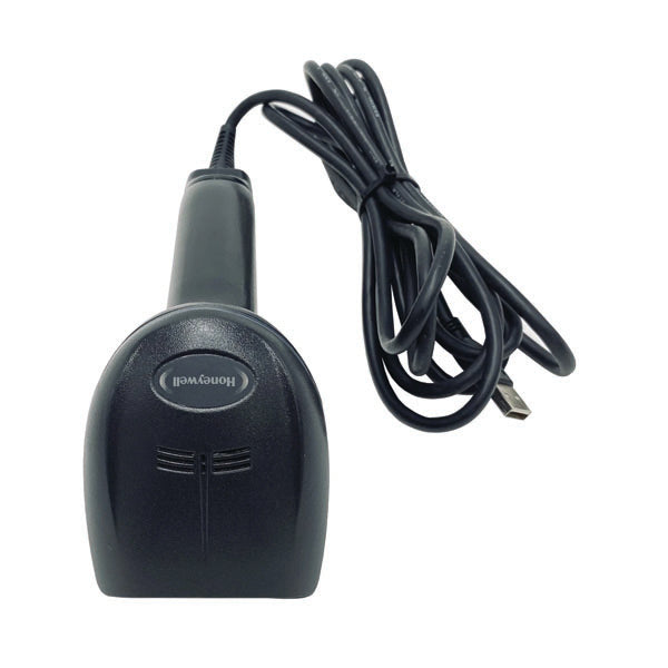 A black PCPOS Systems Honeywell Xenon 1950 1D/2D Scanner (RS232, 1950GSR-2-R) is shown from the front, featuring the brand name.