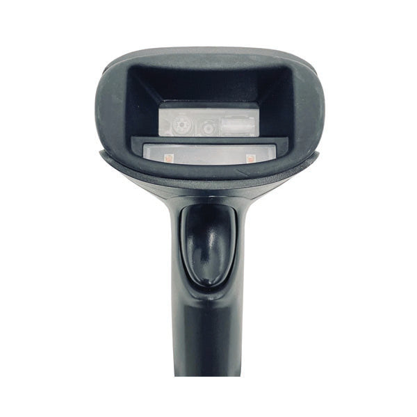 Close-up of the scanning head on a PCPOS Systems Honeywell Xenon 1950 1D/2D Scanner (Black, RS232, 1950GSR-2-R), showing the lens area and part of the handle and cable against a white background.