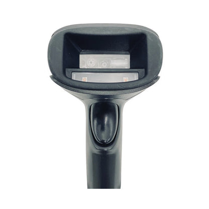 Close-up of the scanning head on a PCPOS Systems Honeywell Xenon 1950 1D/2D Scanner (Black, RS232, 1950GSR-2-R), showing the lens area and part of the handle and cable against a white background.