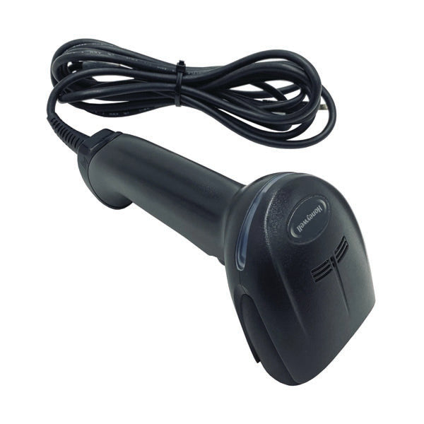 A black PCPOS Systems Honeywell Xenon 1950 1D/2D Scanner (1950GSR-2-R) with RS232 interface is shown on a white background.