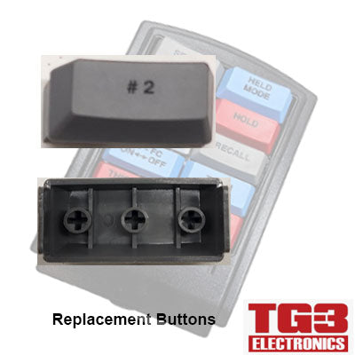 A close-up image shows a #2 replacement button from the TG3 Bump Bar Key Caps NUMBERS, BLANK & SYMBOL by PCPOS Systems A2. The top and bottom views are visible with a partially seen device featuring colored buttons, likely part of a Drive-Thru Kitchen Video System.