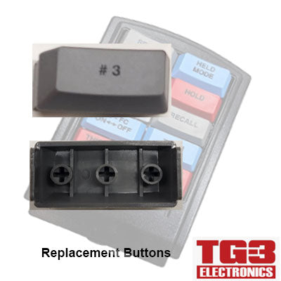 The TG3 Bump Bar Key Caps from PCPOS Systems A2, featuring black buttons marked with #3, are designed for drive-thru kitchen video systems. Compatible with TG3 Kitchen devices, the product includes multiple angles and prominently displays the TG3 Electronics logo.