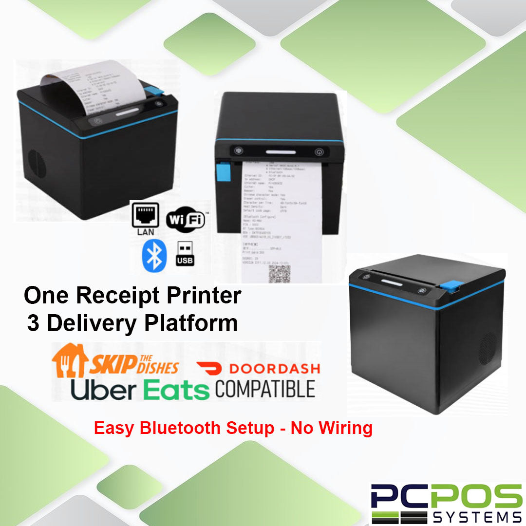 PCPOS 3-in-1 Delivery Printer with Bluetooth WiFi LAN and USB connectivity – easy wireless setup for Uber Eats DoorDash SkipTheDishes order printing