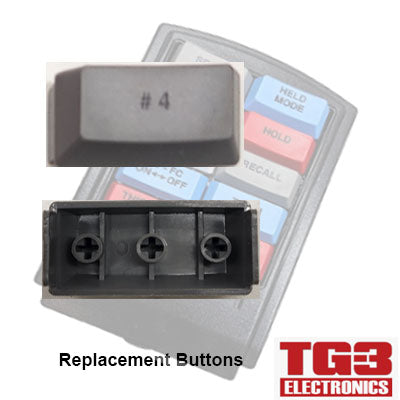 The image features a close-up of a #4 replacement button with three screw holes, perfect for TG3 Kitchen systems, with a colorful keypad in the background. The text TG3 Electronics and Replacement Bump Bar Key Caps by PCPOS Systems A2 is prominently displayed.