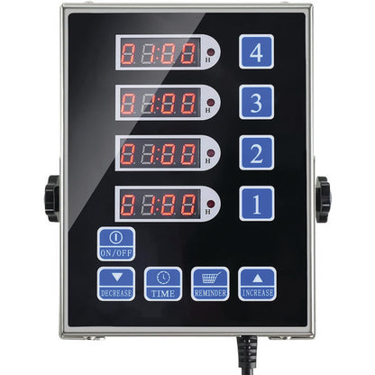 The PCPOS Systems 4 Channel Commercial Kitchen Timer features a stainless steel build, digital LED display with four timers and blue control buttons for on/off, time, reminder, decrease, and increase. Loud alarm and reminder function included.