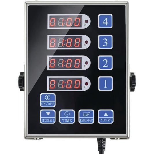 The PCPOS Systems 4 Channel Commercial Kitchen Timer features a stainless steel build, digital LED display with four timers and blue control buttons for on/off, time, reminder, decrease, and increase. Loud alarm and reminder function included.