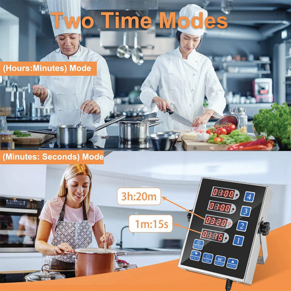 A split image: chefs use the PCPOS Systems 4 Channel Commercial Kitchen Timer in a restaurant; below, a woman at home checks the stainless steel LED timer displaying hours:minutes and minutes:seconds. Text reads Two Time Modes.