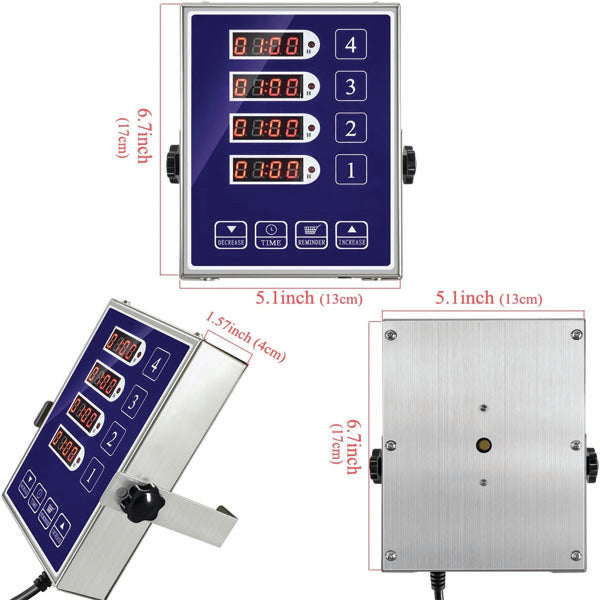 The PCPOS Systems 4 Channel Commercial Kitchen Timer features four digital timers (labeled 1-4) with start/stop and adjustment buttons, reminder function, loud alarm, stainless steel build; shown from all angles. Size: 6.7 x 5.1 x 1.57 in (17 x 13 x 4 cm).