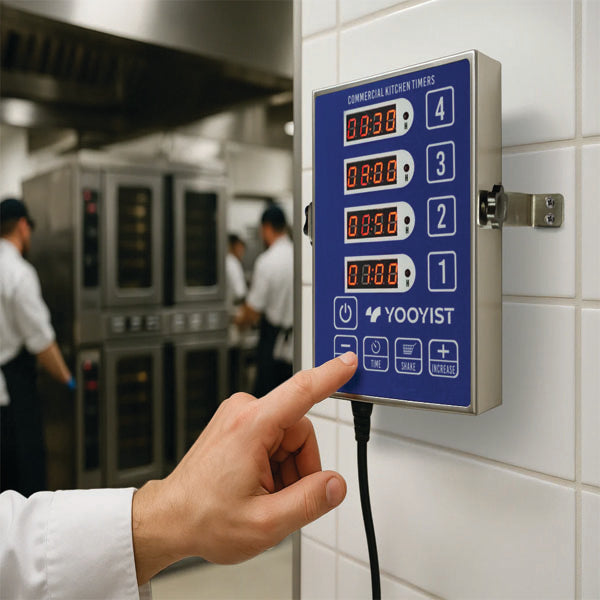 A person presses a button on the PCPOS Systems 4 Channel Commercial Kitchen Timer, a stainless steel digital LED device with a reminder function, loud alarm, and four displays, while chefs cook in a professional kitchen.