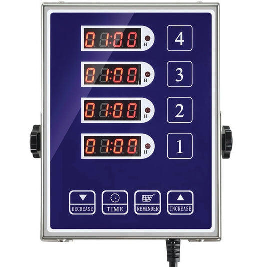 The PCPOS Systems 4 Channel Commercial Kitchen Timer features a stainless steel build, four red LED displays (1 to 4) each set at 01:00, and Decrease, Time, Reminder, and Increase buttons on blue—ideal for restaurant kitchens.