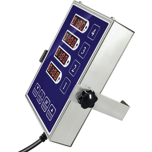 The PCPOS Systems 4 Channel Commercial Kitchen Timer features four LED displays, function buttons, a stainless steel bracket, reminder function, loud alarm, and is perfect for busy restaurants.