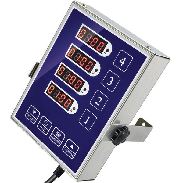The PCPOS Systems 4 Channel Commercial Kitchen Timer features a stainless steel build, blue LED faceplate with four digital readouts, labeled control buttons, reminder function, and loud alarm—perfect for chefs in any restaurant kitchen.