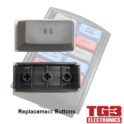 Close-up of a rectangular button labeled #5 with three screw holes on the underside against a blurred keypad. The text reads PCPOS Systems A2 and TG3 Bump Bar Key Caps NUMBERS, BLANK & SYMBOL, ideal for Drive-Thru Kitchen Video Systems.