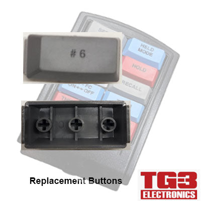 Image of TG3 Bump Bar Key Caps by PCPOS Systems A2 for a device. The top section shows a black button labeled #6, with its backside below, displaying screw features. A colorful keypad backdrop and the TG3 Electronics logo highlight its suitability for TG3 Kitchen systems.