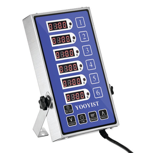The PCPOS Systems 6 Channel Commercial Kitchen Timer features a blue and silver stainless steel design, red LED displays for six timers, labeled buttons, reminder function, and an ultra-loud alarm—perfect for busy restaurant kitchens.