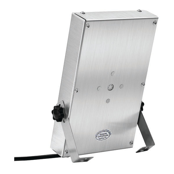 The PCPOS Systems 6 Channel Commercial Kitchen Timer is a stainless steel, rectangular device with a brushed finish, LED display, certification label, angled brackets for mounting, and a black cable—perfect for chefs with reminder and loud alarm features.