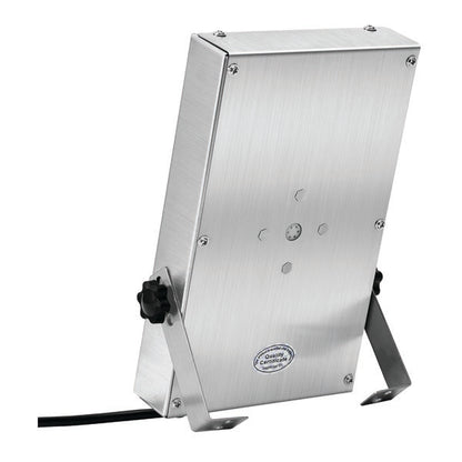 The PCPOS Systems 6 Channel Commercial Kitchen Timer is a stainless steel, rectangular device with a brushed finish, LED display, certification label, angled brackets for mounting, and a black cable—perfect for chefs with reminder and loud alarm features.