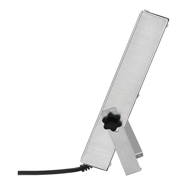Side view of the PCPOS Systems 6 Channel Commercial Kitchen Timer, a rectangular stainless steel digital LED timer with adjustable stand and power cable, shown against a plain white background.