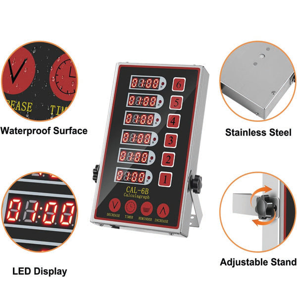 The PCPOS Systems 6 Channel Commercial Kitchen Timer features six numbered red LED displays on a tilted, waterproof stainless steel stand—ideal as a chef cooking timer or productivity timer with reminder function and loud alarm for restaurant kitchens.