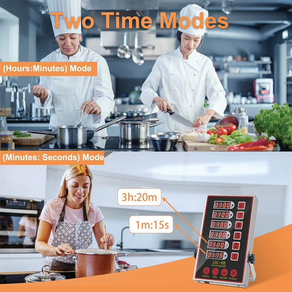 Two images: Top, two chefs cook in a modern kitchen. Bottom, a woman uses the PCPOS Systems 6 Channel Commercial Kitchen Timer—stainless steel, digital LED display, loud alarm—ideal for boosting productivity in any busy kitchen setting.
