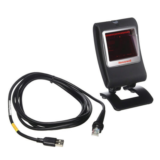 A black PCPOS Systems Honeywell Genesis 7580 USB barcode scanner features a red scanning window, stand mount, and attached USB cable for easy connection.