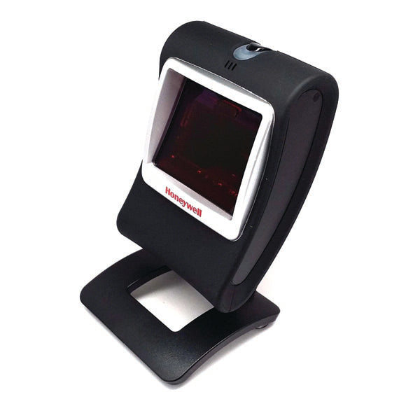 The PCPOS Systems Honeywell Genesis 7580 desktop barcode scanner, in black and white, stands upright on its black base at a slight angle against a white background.