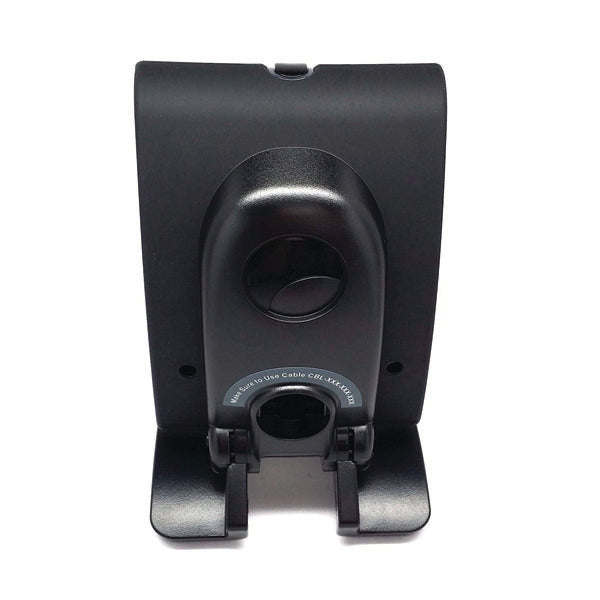 The PCPOS Systems black plastic wall mount bracket features cable management holes and is designed to securely hold and organize devices such as the Honeywell Genesis 7580 barcode scanner or USB barcode scanners.