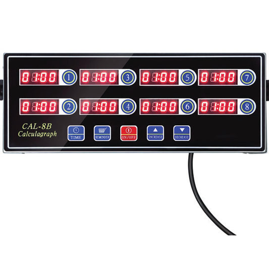 The PCPOS Systems 8 Channel Commercial Kitchen Timer features stainless steel construction, red digital LED displays, control buttons, a loud alarm, and reminder function—ideal for busy chefs in restaurant kitchens.