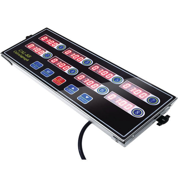 The PCPOS Systems 8 Channel Commercial Kitchen Timer features a stainless steel, black panel with digital LED displays, buttons, and indicator lights—a versatile chef cooking timer with reminder function and loud alarm for restaurants.