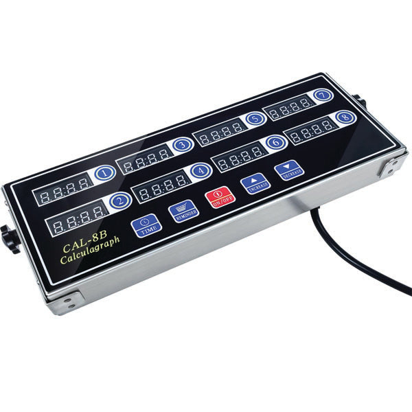 The PCPOS Systems 8 Channel Commercial Kitchen Timer features a stainless steel build, multiple digital LED displays, blue/white numbered buttons, and a black cable on the right. It includes a reminder function and loud alarm—ideal for professional chefs.