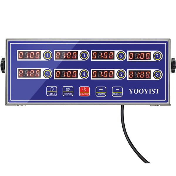 The PCPOS Systems 8 Channel Commercial Kitchen Timer features a stainless steel design, digital LED displays, reminder function, loud alarm, and control buttons—ideal for chefs and restaurants needing precise timing.