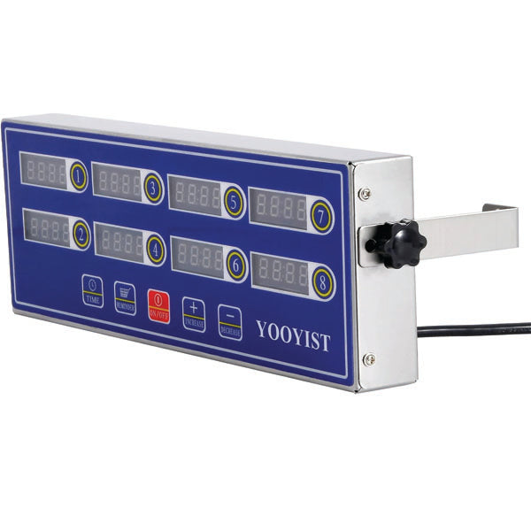 The PCPOS Systems 8 Channel Commercial Kitchen Timer features stainless steel construction, digital LED display, reminder function, loud alarm, and blue accents—ideal for precise timing in busy restaurant kitchens.