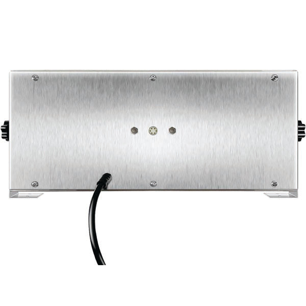 Back view of the PCPOS Systems 8 Channel Commercial Kitchen Timer in stainless steel with a brushed finish, central power cord at bottom left, and screws and ventilation grills on the sides.
