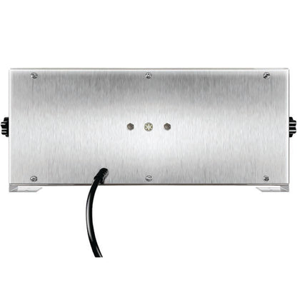 Back view of the PCPOS Systems 8 Channel Commercial Kitchen Timer in stainless steel with a brushed finish, central power cord at bottom left, and screws and ventilation grills on the sides.