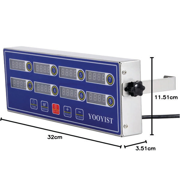 A blue 8-channel digital LED kitchen timer by PCPOS Systems, with stainless steel finish, reminder function, loud alarm, and eight display screens—ideal for chefs. Dimensions: 32 cm x 11.51 cm x 3.51 cm.