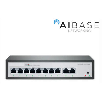 The 250 meters long distance outdoor unmanaged 8 ports PoE network switch (NT-AI-SW-8P2UG-120W) by PCPOS Systems A1 is a sleek, black rectangular device with eight Ethernet ports featuring indicator lights and Gigabit uplink for fast data transfer, along with PoE power for seamless connectivity.