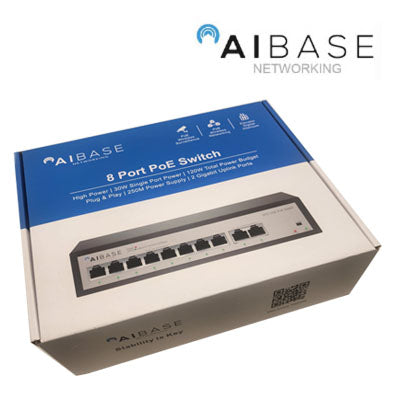 Packaging of the 250 meters long distance outdoor unmanaged 8 ports PoE network switch (NT-AI-SW-8P2UG-120W) by PCPOS Systems A1 features an image of the switch. The key highlights include high-power, plug & play functionality, and gigabit uplink ports for seamless connectivity.