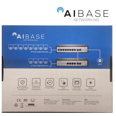 A cardboard box with the PCPOS Systems A1 logo displays a diagram of network setups with two devices connected to various endpoints. Icons showcase features like 8kV lightning protection, high compatibility, and Gigabit Uplink Ports for seamless connectivity of the NT-AI-SW-8P2UG-120W switch.