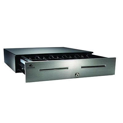 The PCPOS Systems APG JB320-BL1816-C-K2 4000 Series Cash Drawer, measuring 18″x16″ in black, is depicted slightly open to display its spacious bill and coin compartments along with dedicated coin roll storage—ideal for busy point of sale environments. Its metal front panel features two convenient media slots and a central lock, and it comes keyed-alike with an A2 key. This model is fully compatible with the 320 MultiPRO interface.
