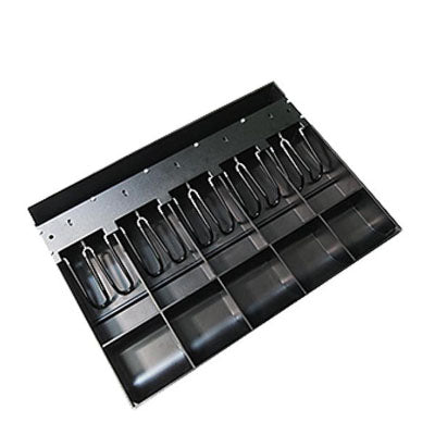 The Bluestore 99 APG PK-15TA-03-BX cash drawer insert offers a black design with five metal bill clips and five square coin compartments, making it perfect for organizing cash and integrating seamlessly with point of sale systems.