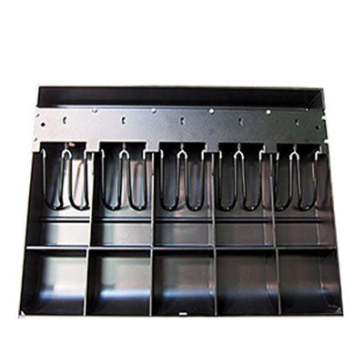 The Bluestore 99 APG PK-15TA-03-BX Cash Drawer features five vertical bill compartments with metal clips and a cash till insert with five horizontal coin slots, perfect for efficient cash organization at point of sale systems.