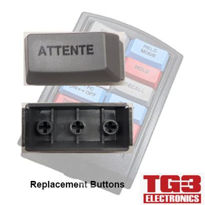 Close-up of a TG3 Bump Bar Key Cap labeled ATTENTE by PCPOS Systems A2, designed for drive-thru kitchen video systems. It shows front and back views with three attachment points against a keypad backdrop featuring vibrant red and blue buttons.