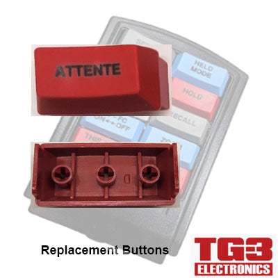 Close-up of a red TG3 Bump Bar Key Cap labeled ATTENTE by PCPOS Systems A2, showing both its front and back attachment points. The background features a keypad with colorful buttons, ideal for drive-thru kitchen video systems. Text: Replacement Bump Bar Buttons and TG3 Electronics logo.