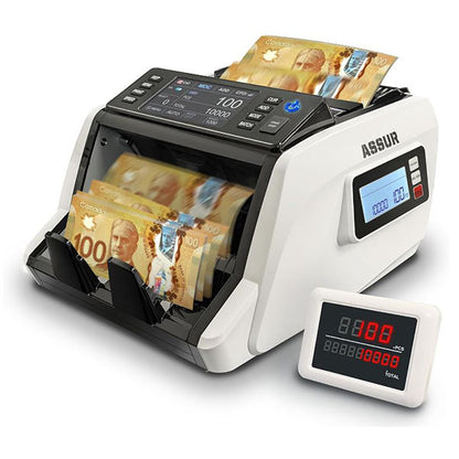 The PCPOS Systems ASSUR Money Counter swiftly processes Canadian notes, displaying 100 on its digital screen. Equipped with CIS/UV/MG/IR/DD detection, it ensures precision as a reliable multi-currency counter with separate display.