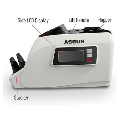 The white, rectangular ASSUR Money Counter from PCPOS Systems is a multinational currency counter featuring parts labeled like Side LCD Display, Lift Handle, Hopper, and Stacker. It has a digital screen, control buttons, and advanced CIS/UV/MG/IR/DD detection for reliable money counting.