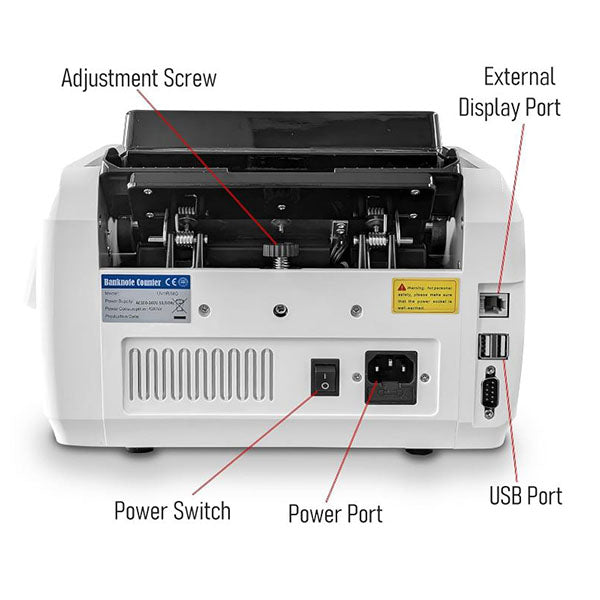 The rear view of the PCPOS Systems ASSUR Money Counter features labeled components: Adjustment Screw, External Display Port, Power Switch, Power Port, and USB Port. It includes various ports for operational connectivity along with CIS/UV/MG/IR/DD counterfeit detection for security.