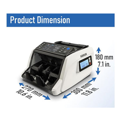 Image of a sleek white money counter machine labeled ASSUR by PCPOS Systems, featuring advanced CIS/UV/MG/IR/DD detection. Dimensions: 270 mm (10.6 in) width, 300 mm (11.8 in) length, 180 mm (7.1 in) height. Display reads 100. Product Dimension text promises bank-grade accuracy and efficiency.