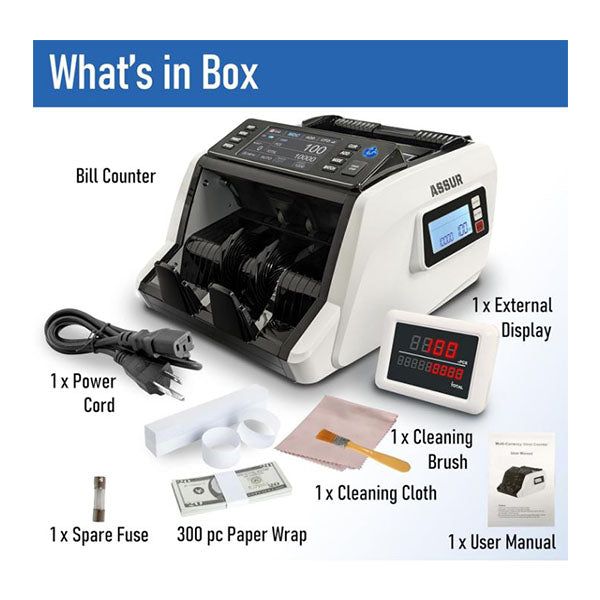 The image showcases the ASSUR Money Counter Machine by PCPOS Systems, a bank-grade device featuring an open bill counter, external display, power cord, cleaning brush and cloth, user manual, spare fuse, and 300 paper wraps. It includes CIS/UV/MG/IR/DD counterfeit detection for accuracy.