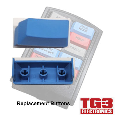 Close-up of a blue replacement button set for the PCPOS Systems A2 device, one upright and another showing its underside with three attachment points; background displays a keypad with various functions. Logo: TG3 Electronics. Text: TG3 Bump Bar Key Caps NUMBERS, BLANK & SYMBOL.